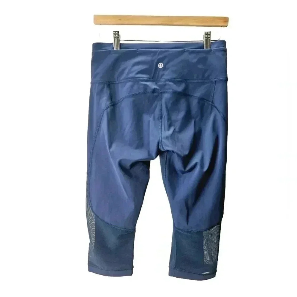Lululemon Gear Up Crop Leggings Poseidon Blue Mesh Trim Size 8 Run Yoga